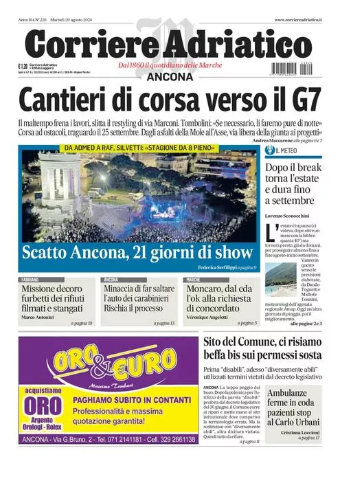 Prima-pagina-corriere adriatico-edizione-di-oggi-20-08-2024